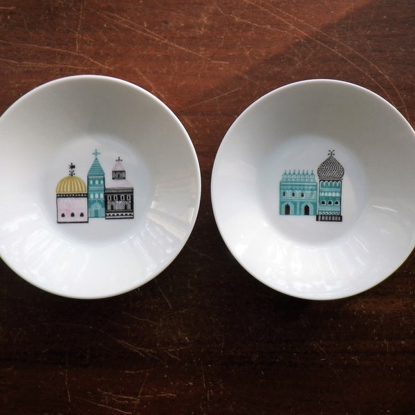 2 Small Plates by Melitta - Model "Zürich" Designer Jupp Ernst 4-3/4" Russian Houses Trinket Dish Tea Bag Miniature Collectible Hard to Find