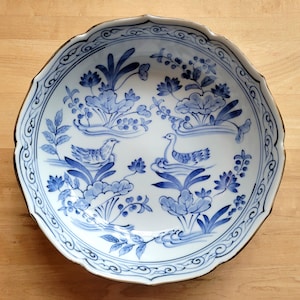 Vintage Andrea Sedak Porcelain Bowl with Lotus Shaped Edge - Japanese Theme in Blue and White - Water Garden w/ Birds