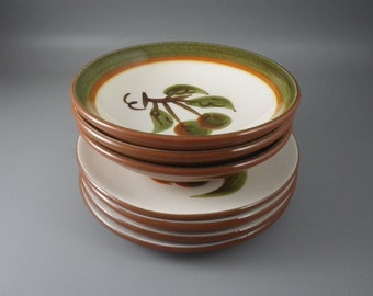 Set of 7 STANGL Pieces in Orchard Song Pattern - 3 Dessert Bowls and 4- Bread Plates - Green Apples, Cherries Design - Brown Back Dishes