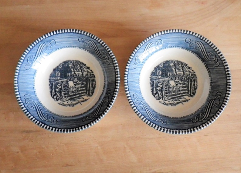 Set of 3 Fruit Dessert Bowls Old Farm Gate by Currier and Ives Blue by Royal USA 5 58 in Scrolls Edge Center Scene Holiday Table Meal Three