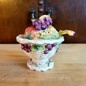 3 Piece Set Vintage Sugar Bowl w/ Lid and Spoon by Fitz and Floyd Classics - Harvest Heritage Pattern