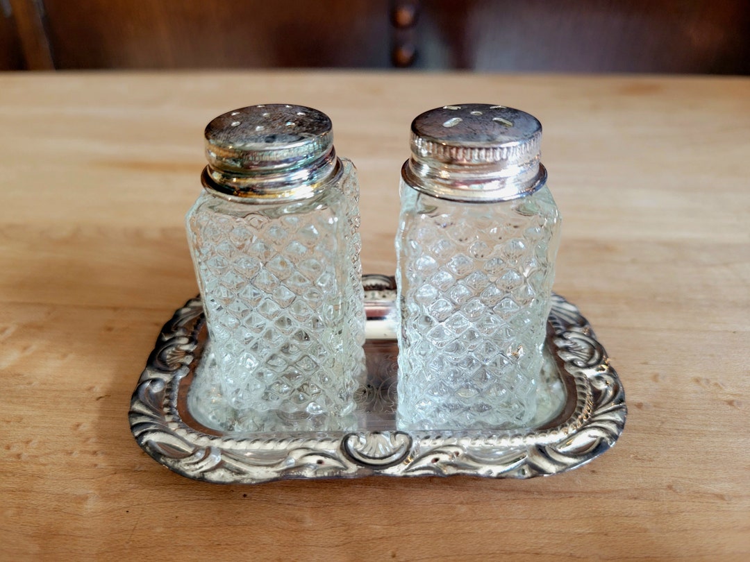 3 Piece Individual Salt and Pepper Shakers With Silver Tray Vintage Diamond Cut Glass and Silver