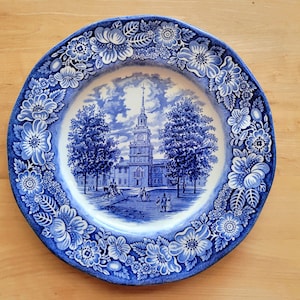 Set of 2 Liberty Blue Dinner Plates - Independence Hall Transferware - Staffordshire Ironstone - Made in England