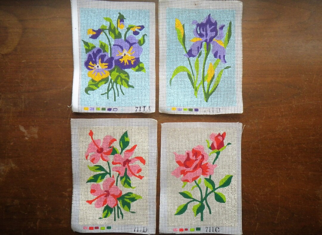 Set of 4 Flower Needlepoint Canvases W/ Painted Pattern, Vintage