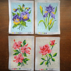 Set of 4 Flower Needlepoint Canvases w/ Painted Pattern, Vintage Needlework 5x7" -Pansy - Iris - Hibiscus - Rose - Listing for Canvas Only