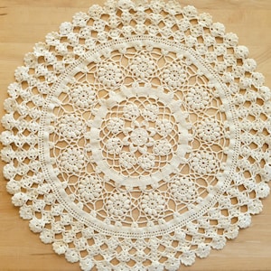Vintage Large Crochet Lace Doily - Lt Beige Cotton - 16-1/8&quot;d - Hand Stitched Flowers & Shells Pattern - Centerpiece - Bohemian Gift - Round
