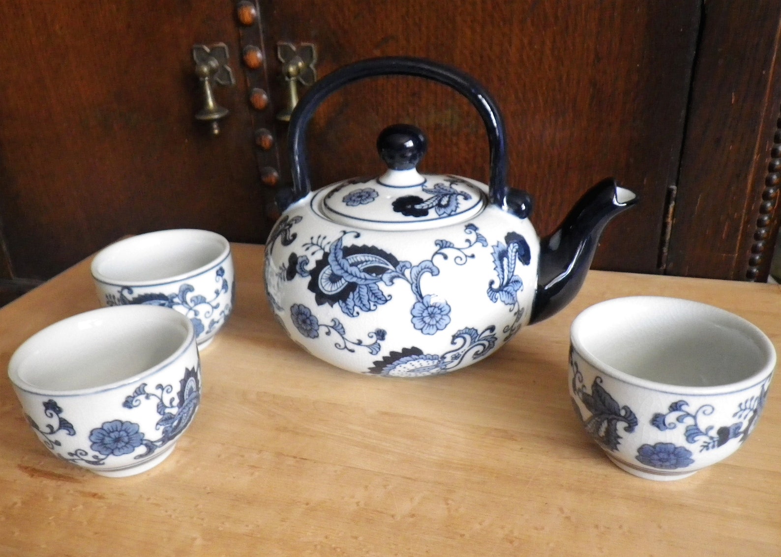 Pier One Blue China Tea Set Teapot and 3 Tea Cups Etsy