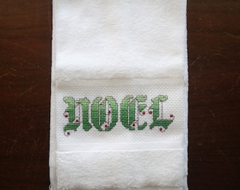 Noel Christmas Hand Towel - Completed Cross Stitch - Velour Guest Bath - Holiday Gift - Bathroom - Green Script - Seasonal Decor - Hostess