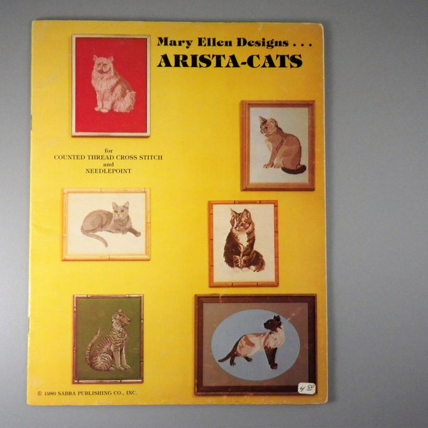 ARISTA-CATS Cross Stitch Pattern Booklet by Mary Ellen Designs 16 pages c. 1980 USED Needlepoint Kitty Kitten Feline Cats