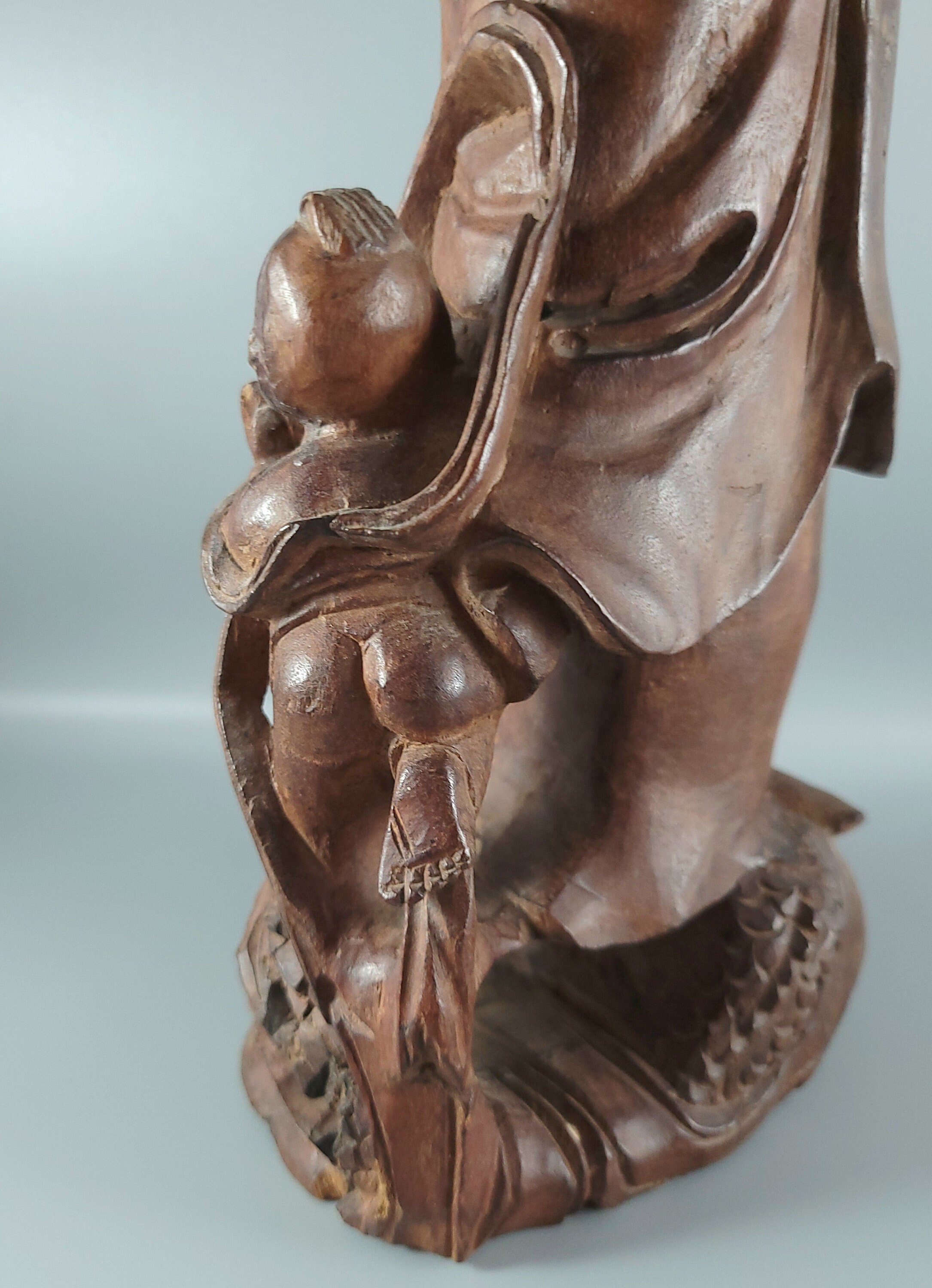 Vintage Wood Statue Quan Yin With Child and Dragon, Vintage