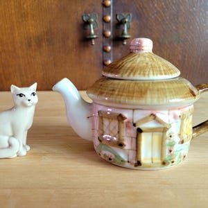 Vintage Mini Ceramic Cottagecore Tea Pot in Soft Pastels with Adorable Cottage House Design - Story Book Home Decor - 3-1/4&quot;h x 5&quot;w
