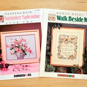 May include: Two Dimensions cross stitch pattern booklets. The left booklet is titled Summer Splendor by Barbara Mock, featuring a floral arrangement. The right booklet is titled Walk Beside Me by Nancy Rossi, featuring birds and text in a frame.