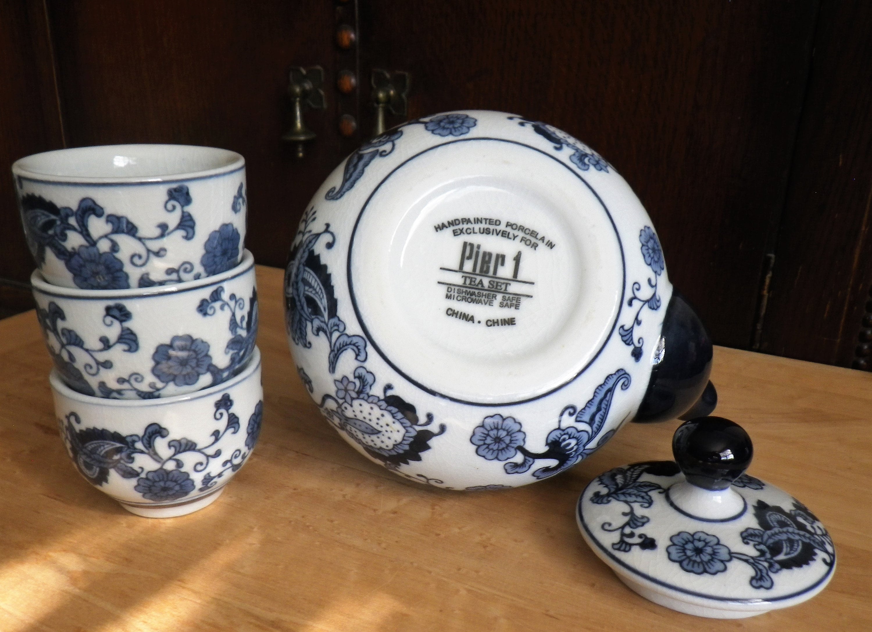 Pier One Blue China Tea Set Teapot and 3 Tea Cups Etsy