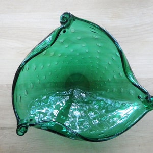 Green Bubble Art Glass Bowl - Vintage Sculpture - Murano Glass - Emerald Folded Candy Dish - Twisted Home Decor - Italy