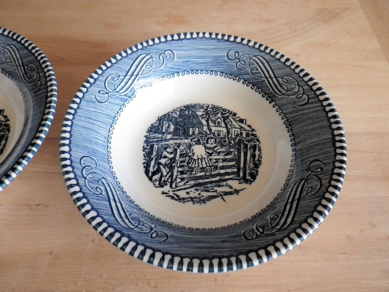 Set of 3 Fruit Dessert Bowls Old Farm Gate by Currier and Ives Blue by Royal USA 5 58 in Scrolls Edge Center Scene Holiday Table Meal Three