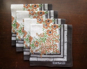 4 Cacharel Dinner Napkins Vintage Brown Orange Floral Cloth Table Linens Botanical Farmhouse Country Cottage Cabin Lodge Decor Flowers