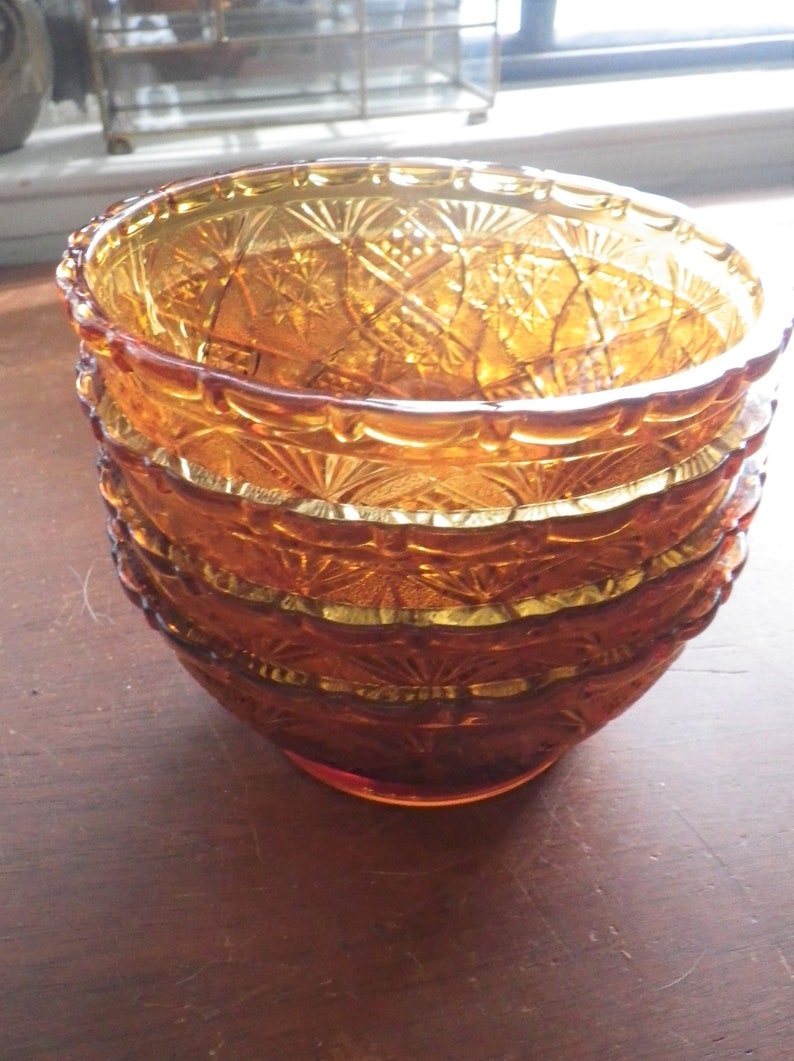 4 Amber Glass Bowls KIG Indonesia Fans Stars Embossed Etsy