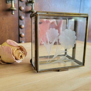 Vintage Keepsake Box w/ Etched Flowers - Glass and Brass - Mirrored Bottom - Made in Mexico - Jewelry or Trinket Box