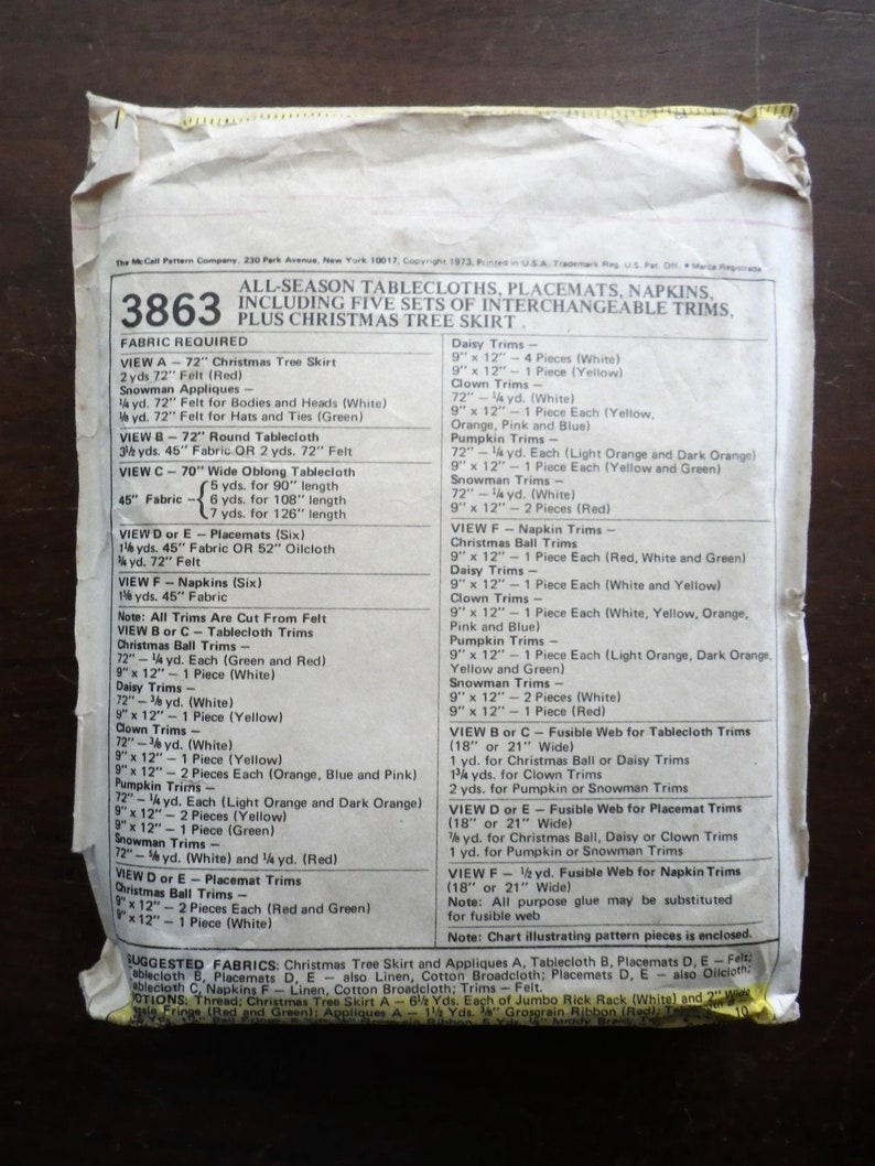 Mccall's 3863 Pattern Table Decor, Allseason Tablecloths Placemats and