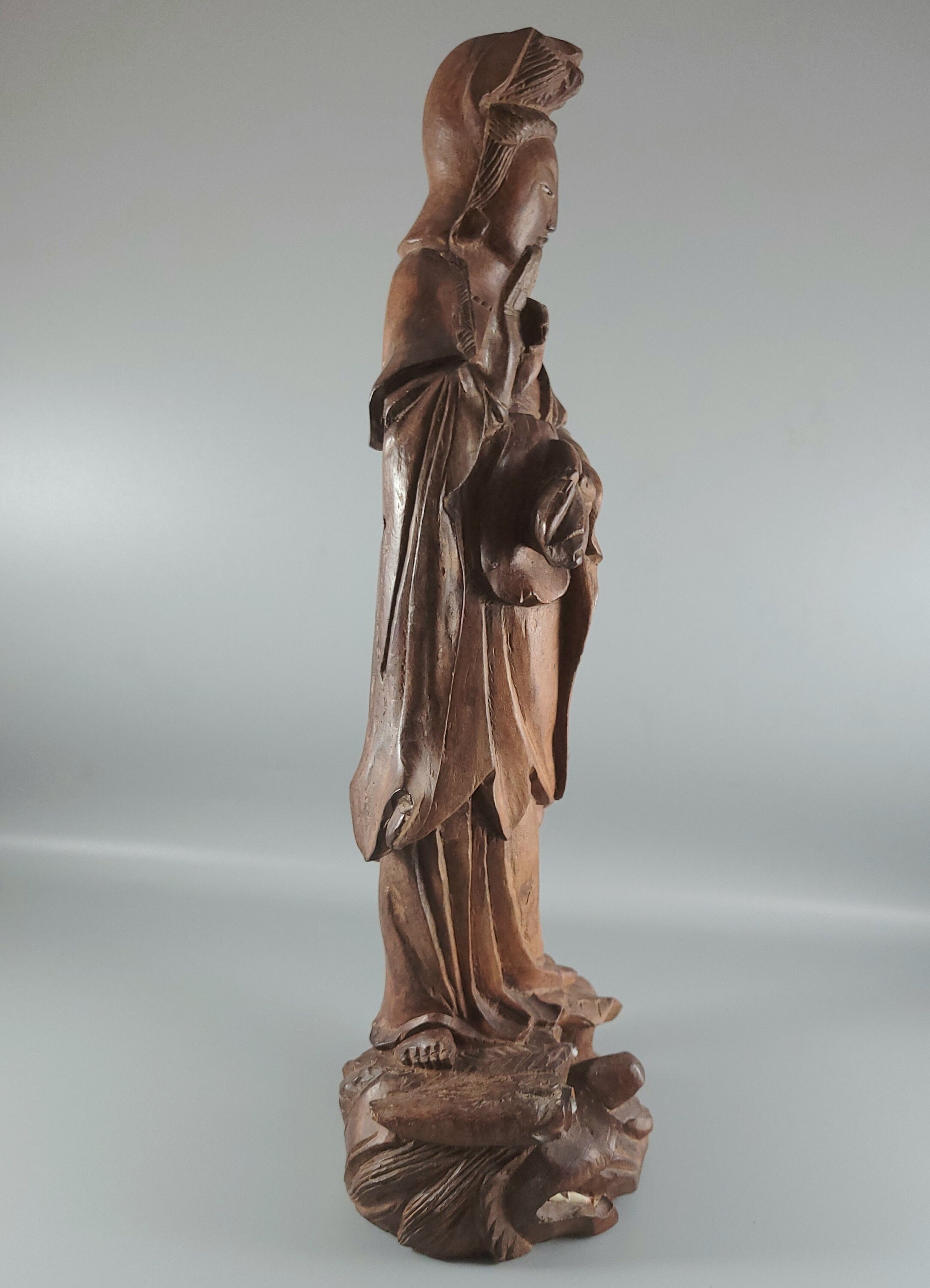 Vintage Wood Statue Quan Yin With Child and Dragon, Vintage