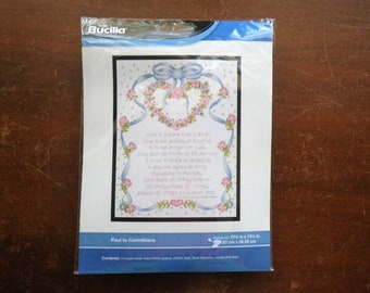 NIP Bucilla "Paul to Corinthians" Counted Cross Stitch Kit Finished Size 10-1/2x13-1/2" in Original Pkg WM49003E Complete Kit Hearts Love