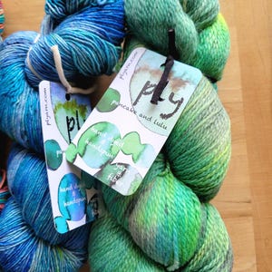 May include: Two skeins of hand-dyed yarn in shades of blue and green. The yarn is labeled with tags that read "plyarn.com" and "pancake and lulu". The yarn is hand-dyed and handspun.