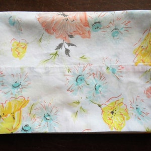 Standard Pillowcase Vintage Flowers - Yellow Blue Pink Pastel - Floral Bed Linens - Pillow Case - Farmhouse Muslin - Grandmacore
