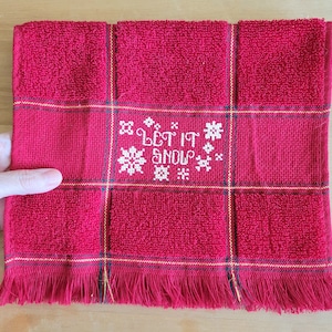 Let It Snow Fingertip Towel in Red and Gold - for the Holidays - Completed Cross Stitch - Guest Bathroom Hand Towel