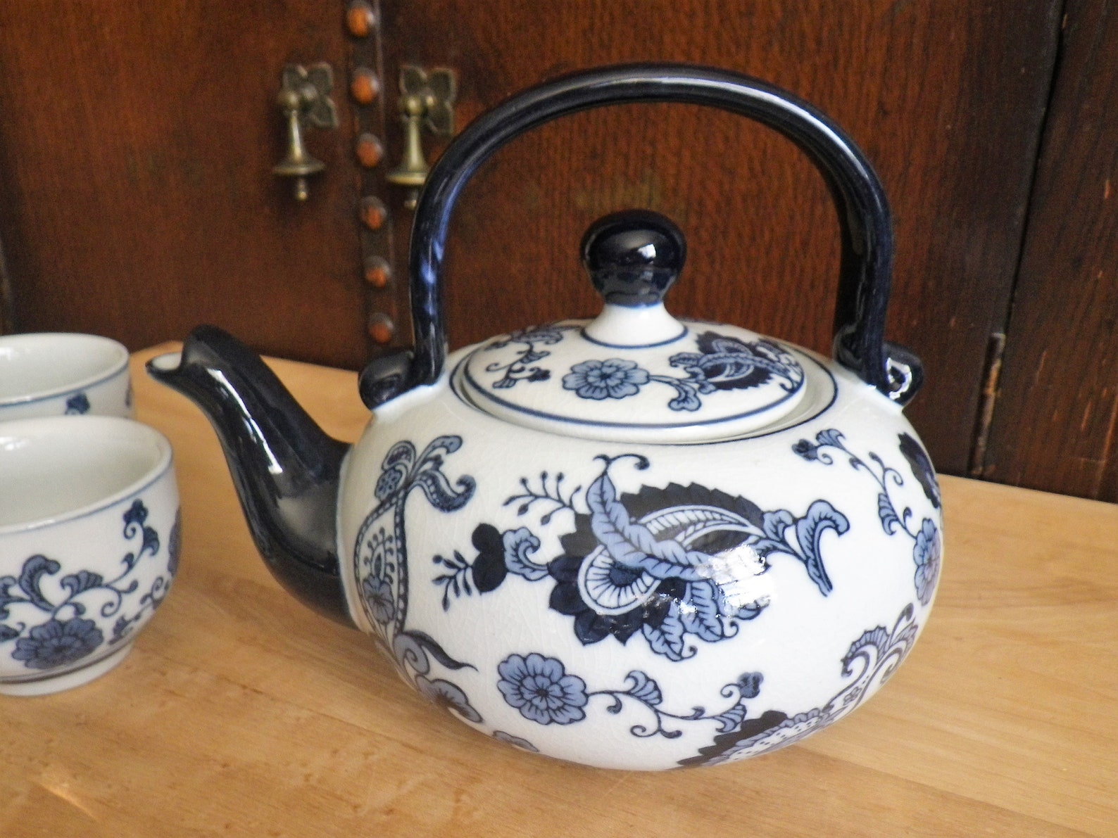 Pier One Blue China Tea Set Teapot and 3 Tea Cups Etsy