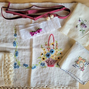 Vintage Lot of Crafter Goods, Cutter Shabby Linens and Embellishments - 1 Lg Cut Doily, 1 Handkerchief + 1 Napkin - Crafting - Slow Stitch 5