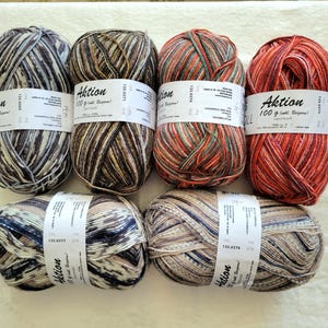 May include: Seven skeins of Aktion superwash yarn in various colors, including shades of blue, brown, red, and green. Each skein is labeled with the brand name and weight, 100 g (3.5 oz). The yarn is arranged on a light-colored surface.