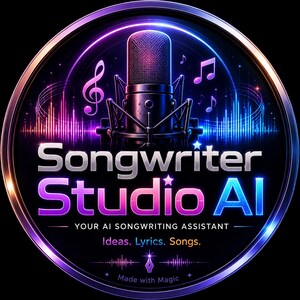 May include: A circular logo featuring a central microphone with a stand, surrounded by neon blue and purple light effects, musical notes, and sound waves. The text reads: Songwriter Studio AI, YOUR AI SONGWRITING ASSISTANT, Ideas. Lyrics. Songs. Made with Magic.