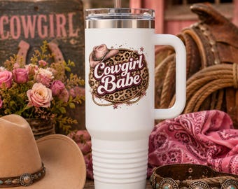 Cowgirl Babe logo Travel Mug | 40oz insulated tumbler, western leopard design