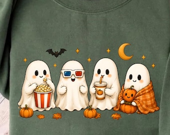 Ghost movie night sweatshirt cute Halloween ghost shirt spooky fall crewneck horror lover vintage Halloween gift creepy movie night shirt