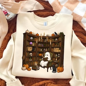 Ghost Reading Sweatshirt Book Lover Crewneck Cozy Halloween Shirt Black Cat Library Gift For Her Cute Witchy Autumn Sweater Fall Tee