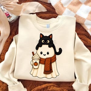 Black Cat Ghost Sweatshirt Cat Lover Shirt Cute Pumpkin Fall Crewneck Gift Cozy Cat Sweater Halloween Coffee Lover Tee Gift For Her