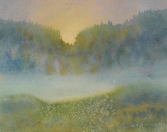 Lámina de acuarela de bosque brumoso, cuadro de paisaje con suave amanecer