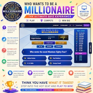 May include: A digital Who Wants to Be a Millionaire quiz game interface featuring a blue game board with a question about the novel Nineteen Eighty-Four, multiple-choice answers, a prize ladder, and various gameplay control buttons and icons.