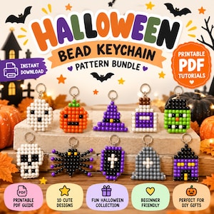Może przedstawiać: Zestaw wzorów na breloczki z koralików na Halloween zawierający dziesięć wzorów: duch, dynia, kapelusz czarownicy, mikstura, potwór, czaszka, pająk, trumna, nagrobek i dom. Tekst głosi Halloween Bead Keychain Pattern Bundle.