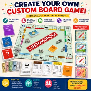 Pu&ograve; includere: Un modello digitale per un gioco da tavolo personalizzato con un tabellone centrale a superficie verde chiaro, un banner rosso 'CUSTOMOPOLY', pedine in metallo, carte propriet&agrave; colorate, denaro e icone di modifica per Canva.