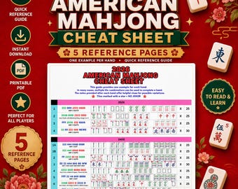 Foglio riassuntivo del Mahjong americano, guida alle regole del Mahjong, scheda di riferimento per principianti, guida alle mani del Mahjong, aiuto stampabile per il gioco del Mahjong