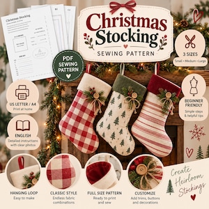 May include: A digital sewing pattern for Christmas stockings featuring three sizes, printable on US Letter or A4 paper. The set includes instructions for creating stockings with red buffalo check, green tree print, and red striped fabric designs.