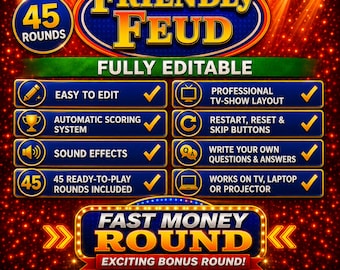 Family Feud modificabile per serate di giochi in famiglia, game show basato su browser, round a premi veloci, gioco di società personalizzabile, punteggio automatico