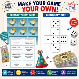 Pu&ograve; includere: Un kit di gioco stampabile con carte Community Chest, un modello di dado pieghevole, denaro giocattolo in tagli da 1, 5, 10, 20, 50 e 100, e un cappellino da festa colorato. Il testo include MAKE YOUR GAME YOUR OWN, PARTY TIME e PRINT, CUT, FOLD & PLAY.