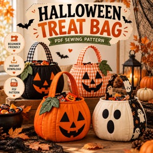 May include: Four fabric Halloween treat bags with pumpkin and ghost designs. The bags feature handles and are filled with candy. Text reads: HALLOWEEN TREAT BAG PDF SEWING PATTERN. Includes icons for beginner friendly, instant download, and PDF pattern.