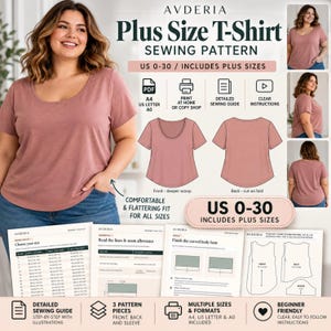 May include: A digital sewing pattern for a plus size t-shirt by Avderia, featuring a dusty rose scoop neck top, technical illustrations of front and back views, size range US 0-30, and instructional pages with diagrams for printing at home.