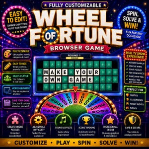 May include: A digital Wheel of Fortune browser game interface featuring a colourful prize wheel, a puzzle board displaying the text MAKE YOUR OWN GAME, and various informational panels highlighting features like multi-player, sound effects, and customisation.