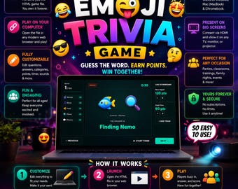 May include: A digital Emoji Trivia Game displayed on a laptop screen, featuring a vibrant interface with a fish and magnifying glass icon. The graphic includes text explaining the game mechanics, customization options, and compatibility for computers.