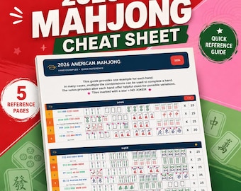 Foglio riassuntivo del Mahjong americano, guida alle regole del Mahjong, scheda di riferimento per principianti, guida alle mani del Mahjong, aiuto stampabile per il gioco del Mahjong