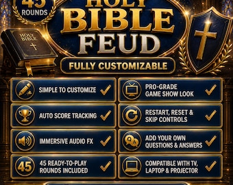 Gioco di faide bibliche, gioco biblico basato su browser, round a soldi veloci, gioco per feste in chiesa modificabile, punteggio automatico, download immediato